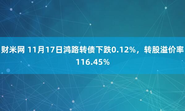 财米网 11月17日鸿路转债下跌0.12%，转股溢价率116.45%